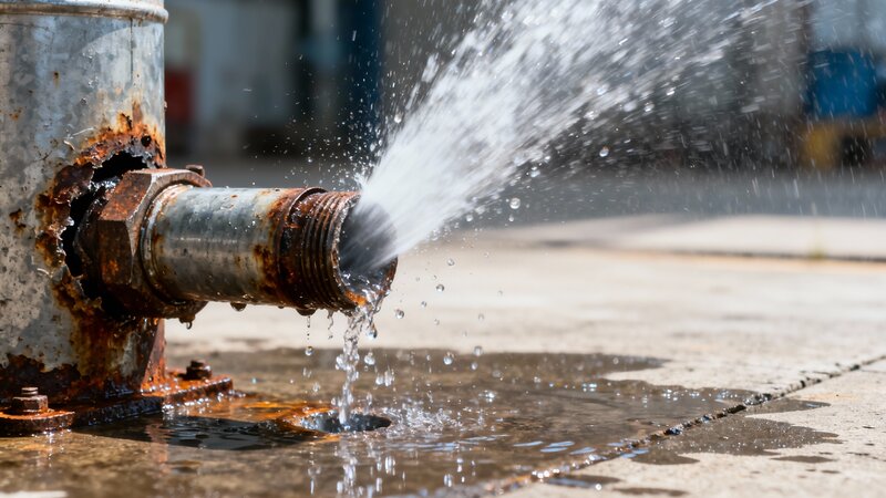 Water spraying from burst rusty pipe requiring emergency plumbing repair - Warren Brothers Plumbing serves Bastrop, Austin, and Elgin TX