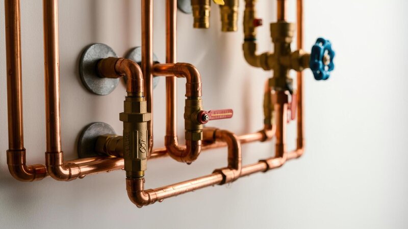 Professionally installed copper pipes with valves showing quality plumbing work - Warren Brothers Plumbing serves Bastrop, Austin, and Elgin TX